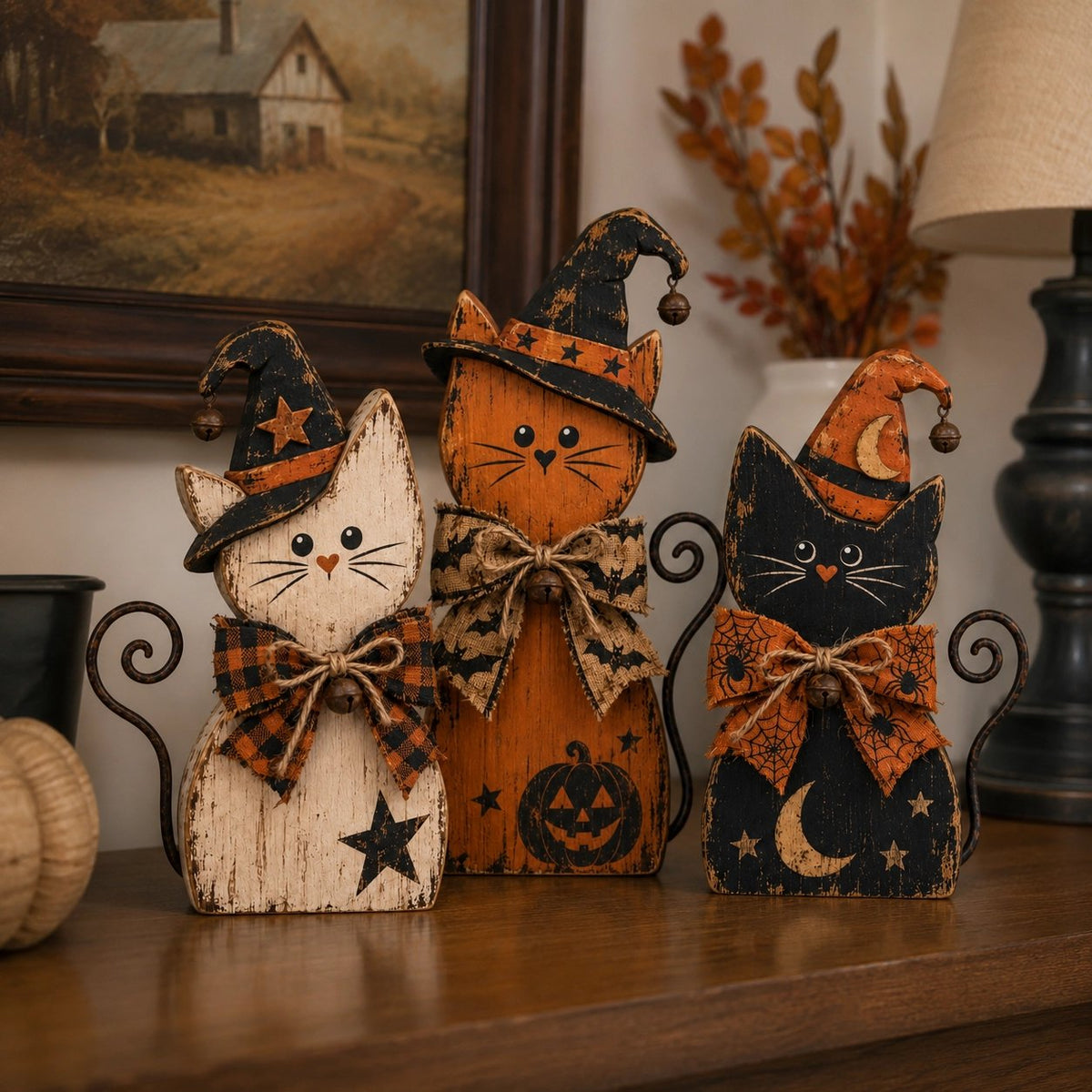 Vintage Halloween Witch Cat Decor Trio | Cozy Farmhouse Set
