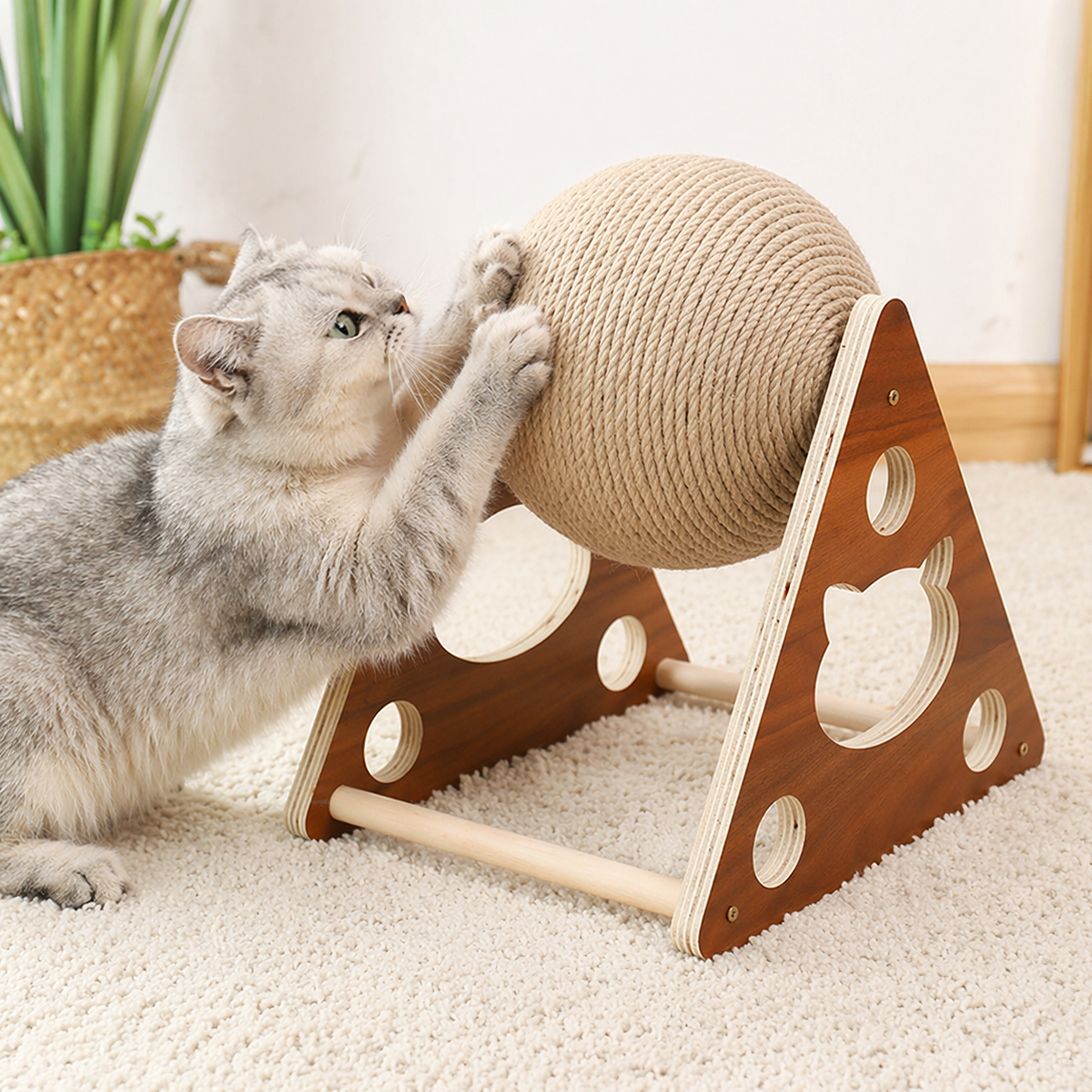 😻 Jouet griffoir pour chat en bois massif | Griffoir triangulaire pour chat avec balle en sisal