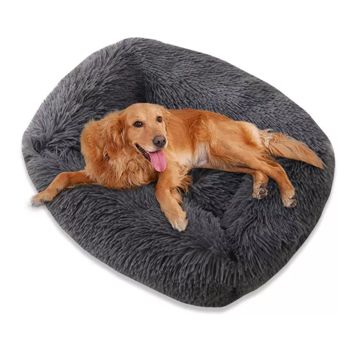 Panier en peluche pour chien, Panier apaisant pour chien -Panier en forme de beignet en peluche pour chat et chien - Panier apaisant et douillet pour animaux de compagnie