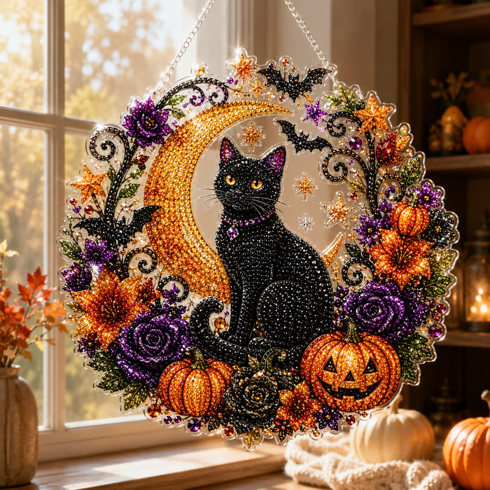 Kit de suspension de décoration pour Diamond Painting Chat Noir Lune – Loisir Créatif d'Halloween Relaxant 🎃💎