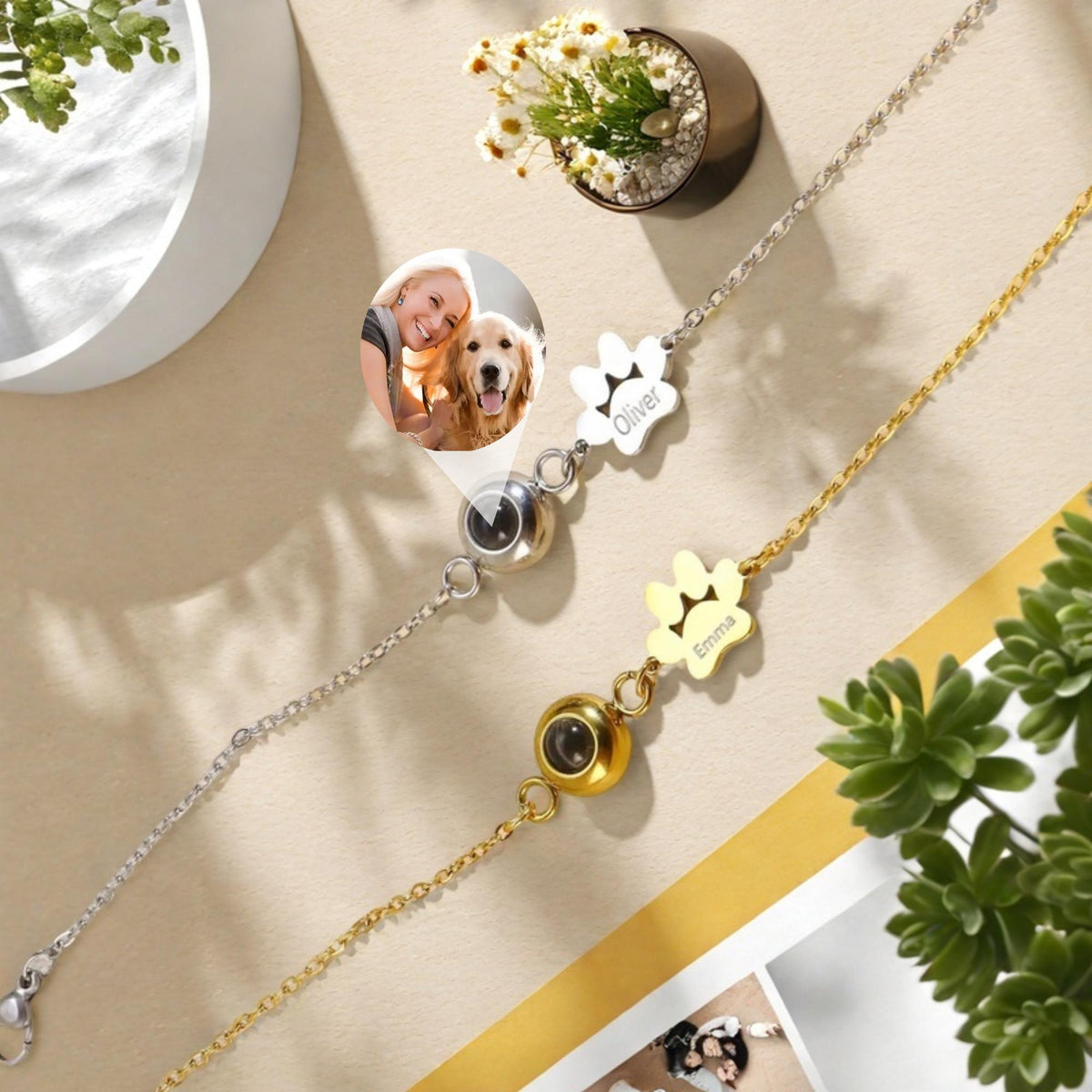Bracelet personnalisé avec nom de l'animal et photo projetée