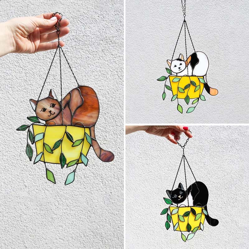 Attrape-soleil vitrail chat dans un pot de fleurs à suspendre