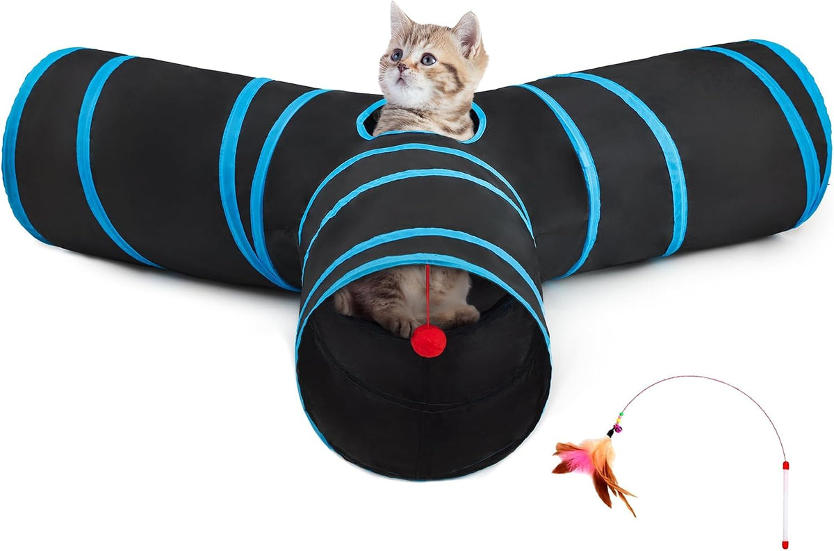Tunnel de jeu pliable 3 en 1 pour chat avec baguette et balle suspendue