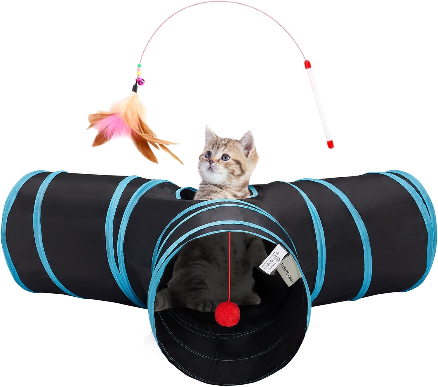 Tunnel de jeu pliable 3 en 1 pour chat avec baguette et balle suspendue