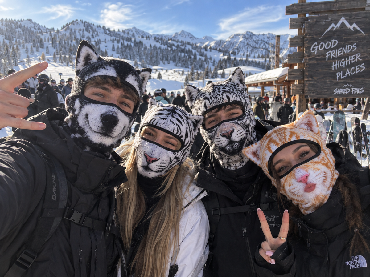 Shred Pals animal ski masks on the slopes