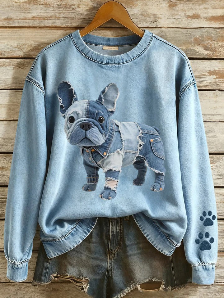 Sweat-shirt Femme Motif Bouledogue Français en Jean Patchwork