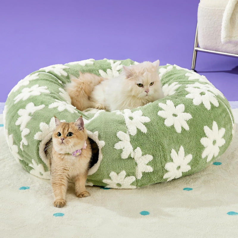 Lit tunnel pour chat « Donut » – Grotte et tunnel de jeu roulant en peluche douce pour chat