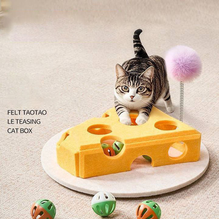 Boîte de jeu interactive en feutre pour chats – Labyrinthe cache-cache avec balle à clochette – Jouet d'enrichissement fromage