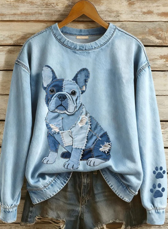 Sweat-shirt Femme Motif Bouledogue Français en Jean Patchwork