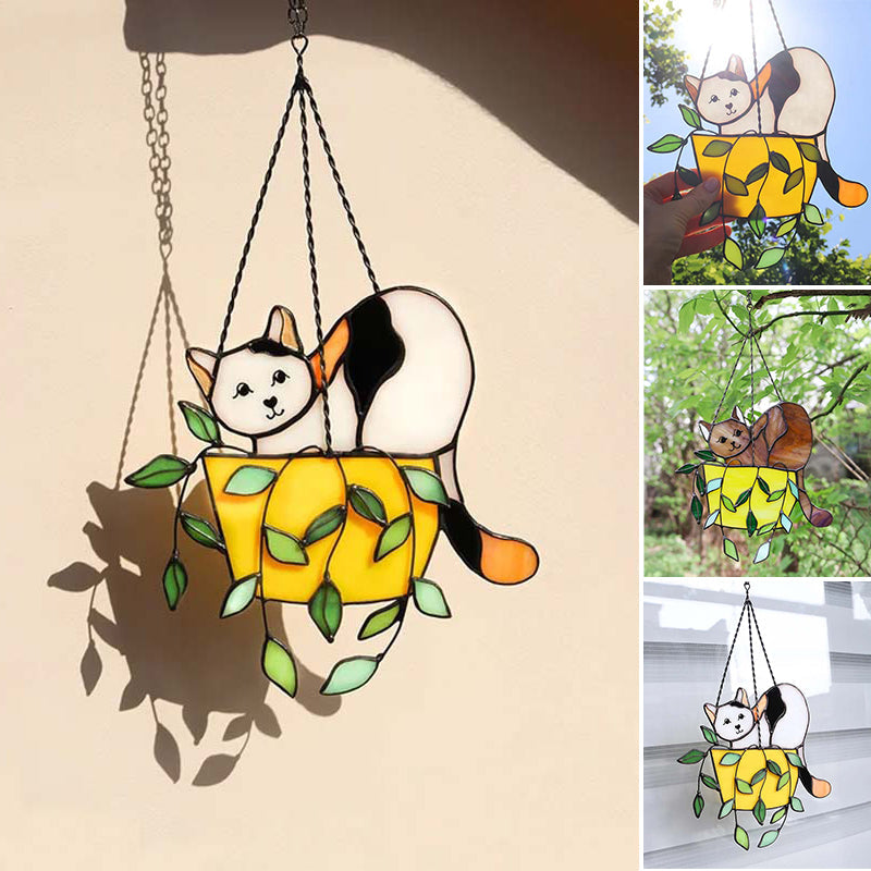 Attrape-soleil vitrail chat dans un pot de fleurs à suspendre