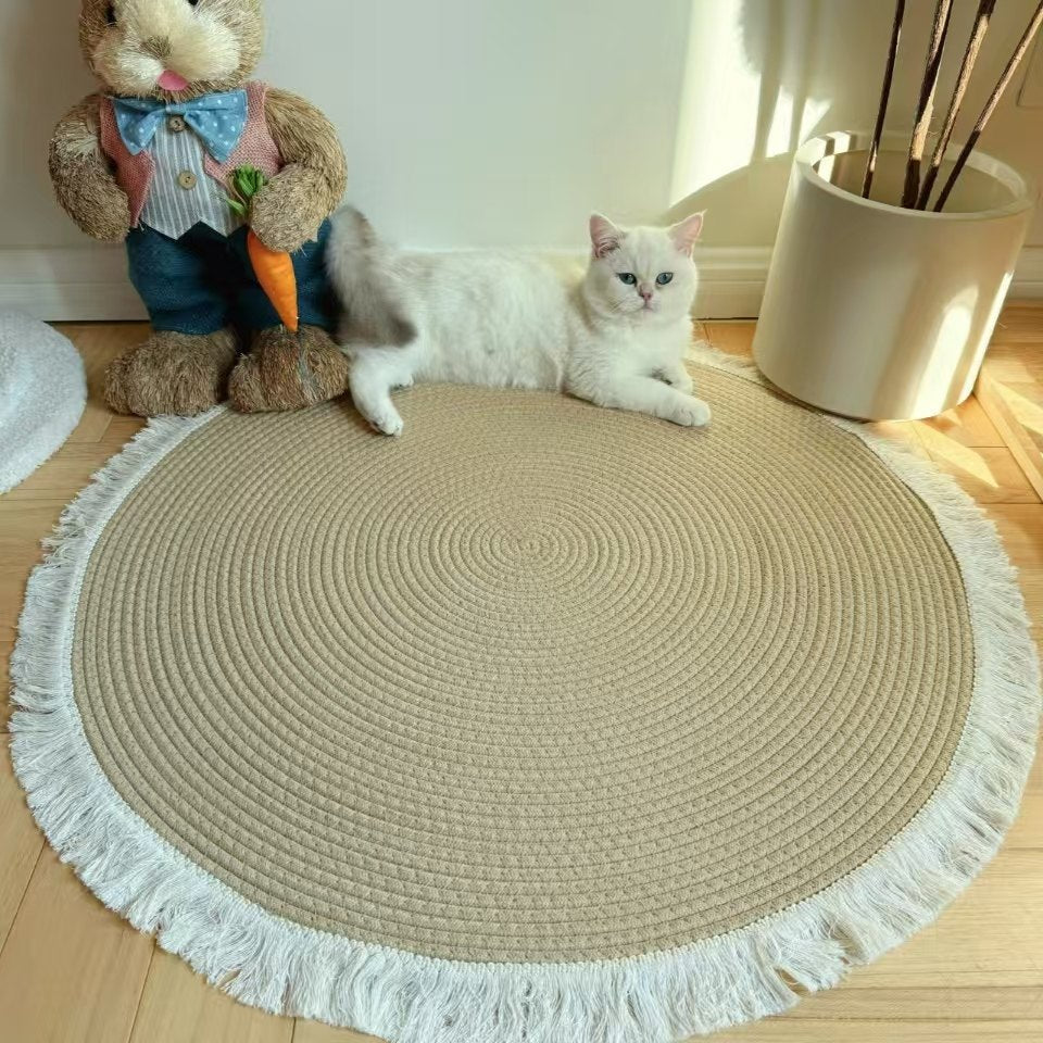 Tapis rond en jute tressé à la main avec pompons en rotin de style vintage