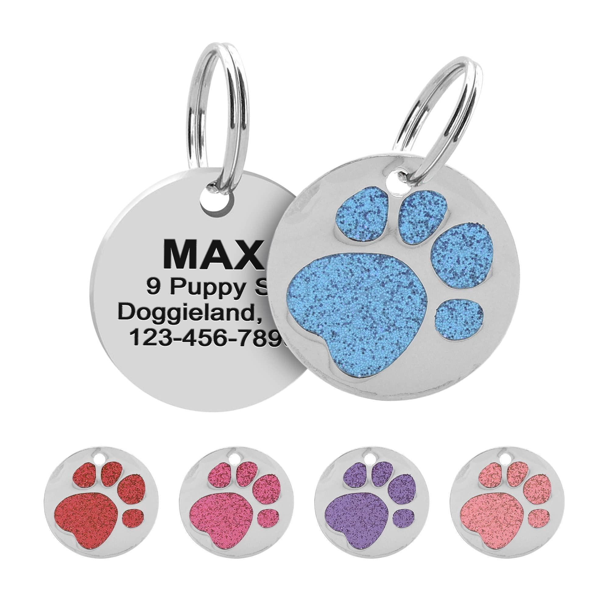 Glitter Paw Print Round Custom Engraved Pet ID Tag